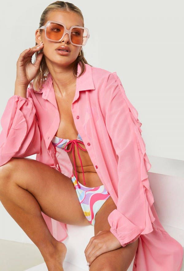 boohoo Chiffon Strand Blouse Met Ruches, Baby Pink