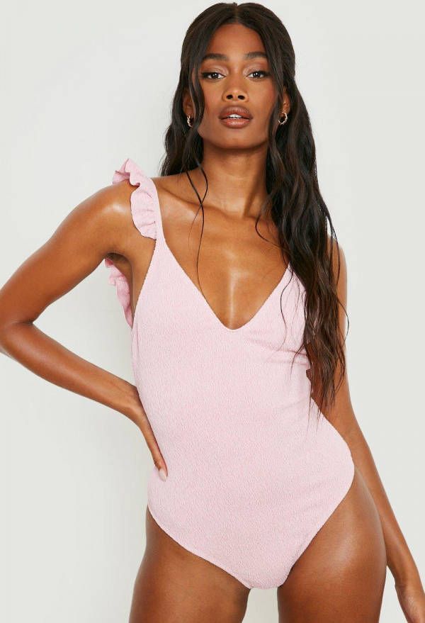 boohoo Gekreukeld Badpak Met Geplooide Schouders En Rug Strik, Baby Pink