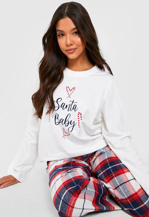 boohoo Geruite Santa Baby Kerst Pyjama Set Met T Shirt Met Lange Mouwen En Met Broek, White