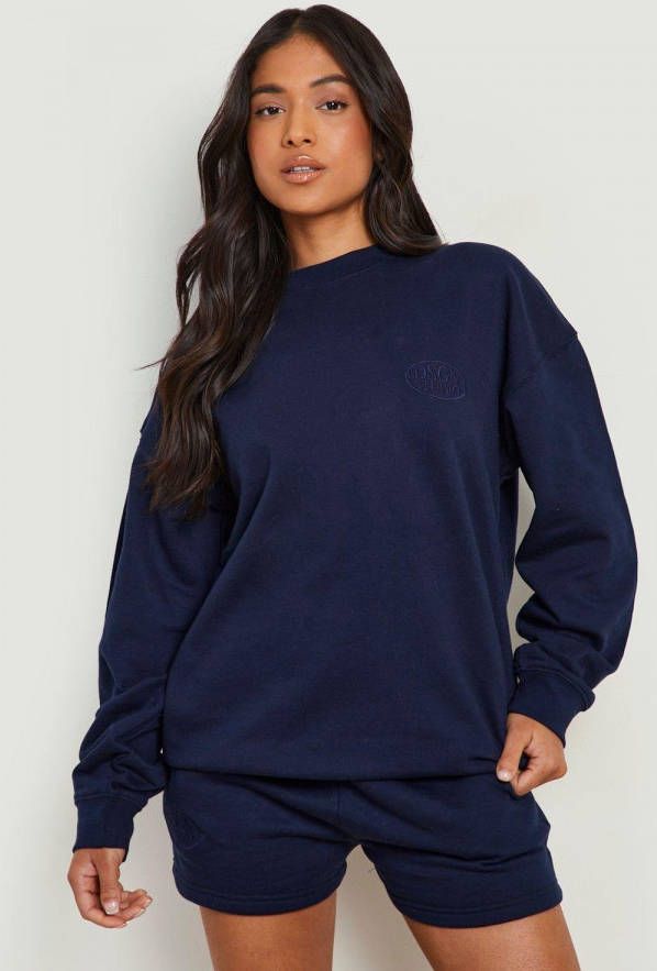 boohoo Petite Geborduurd Trainingspak Met Trui En Shorts, Navy