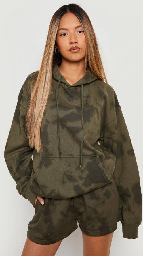 boohoo Petite Tie Dye Trainingspak Met Hoodie En Shorts, Khaki
