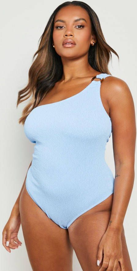 boohoo Plus Asymmetrisch Seersucker Badpak Met Ring Detail, Baby Blue