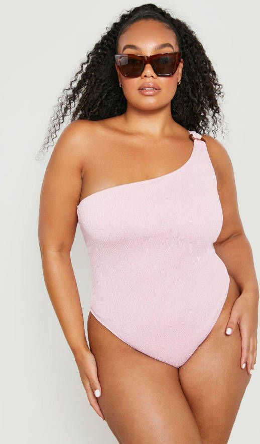 boohoo Plus Asymmetrisch Seersucker Badpak Met Ring Detail, Baby Pink
