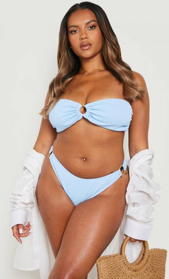 boohoo Plus Seersucker Bandeau Bikini Met Ring Detail, Baby Blue