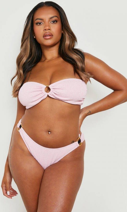 boohoo Plus Seersucker Bandeau Bikini Met Ring Detail, Baby Pink