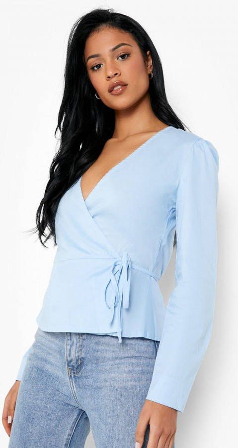 boohoo Tall Poplin Wikkel Blouse Met Pofmouwen, Baby Blue