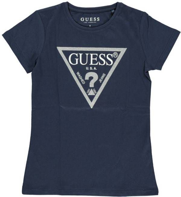 Guess ! Meisjes Shirt Korte Mouw Maat 140 Donkerblauw Katoen