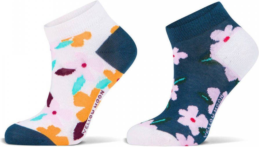 Yellow Moon sneakersokken Flower met all over print set van 2 lichtroze/donkerblauw