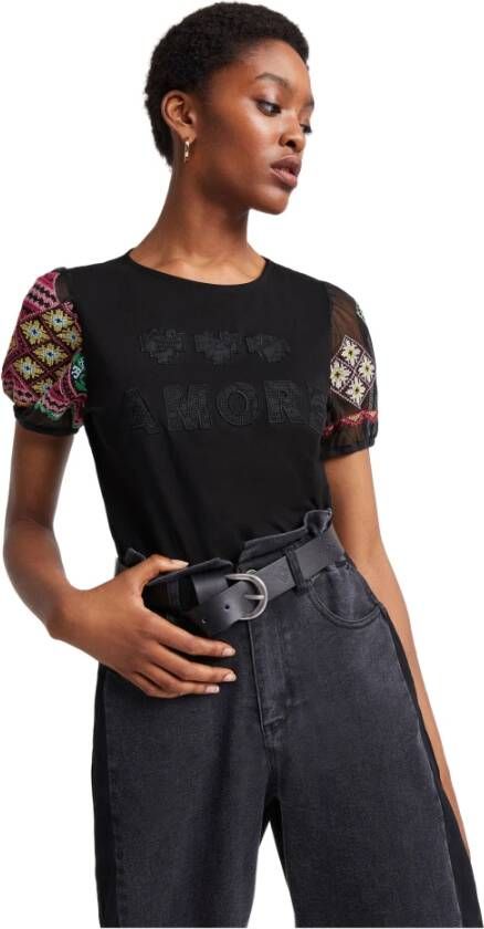 Desigual semi transparante top met borduursels zwart