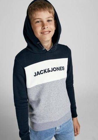 JACK & JONES JUNIOR hoodie JJELOGO met logo donkerblauw/grijs melange/wit