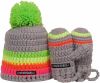 Poederbaas Kleurrijke babymuts met handschoentjes grijs/groen/geel/roze online kopen