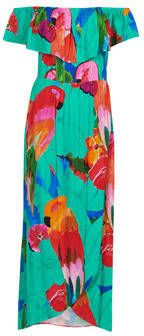 Desigual off shoulder maxi jurk met all over print en volant turquoise/rood/roze