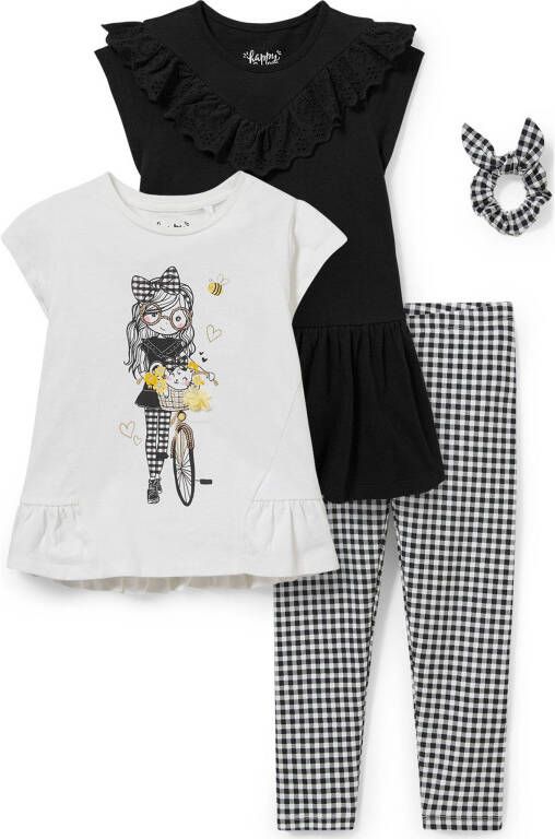 C&A Happy girls Club tuniek + T shirt + legging + scrunchy zwart/wit