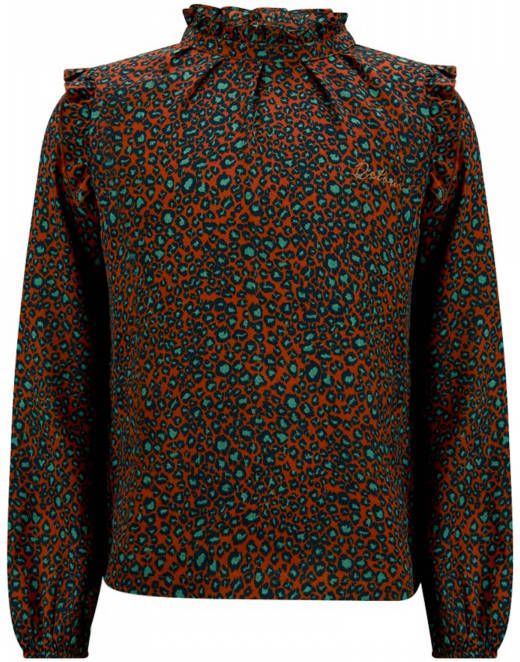 Retour Denim top Renata met all over print en ruches brique/groen