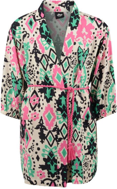 Shoeby Jill & Mitch kimono Ikat met all over print beige/roze/groen
